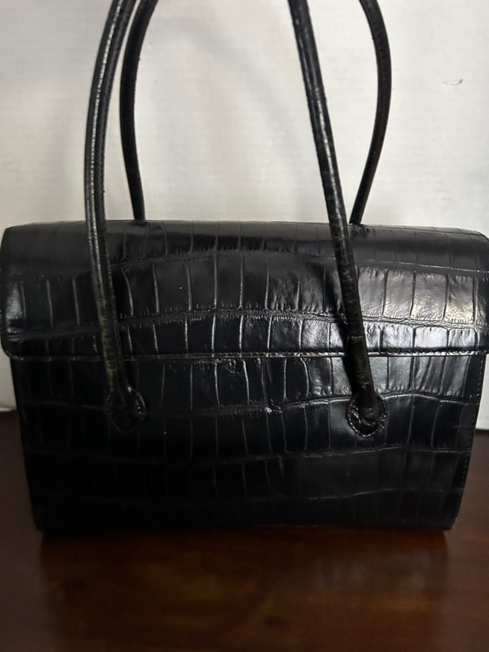 Classic Black Croc-Embossed leather with Top-Handle Satchel